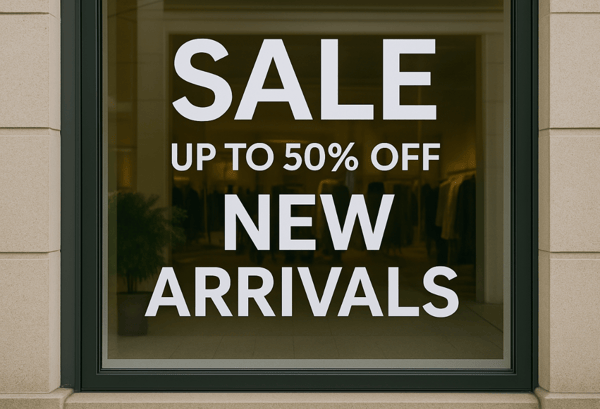 A window vinyl graphic for a 50% off new arrivals sale