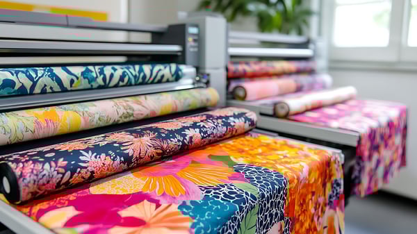 Large format printing in progress with vibrant patterned fabrics printed on industrial roll-fed printers.