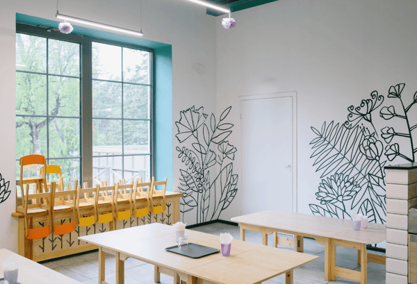 Personalised wall graphics of plants in an art classroom 