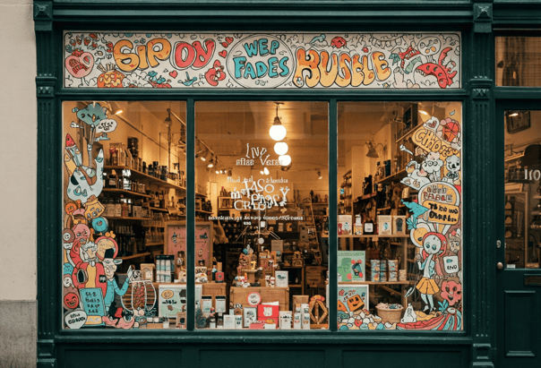 A shop window full of vinyl graphics 