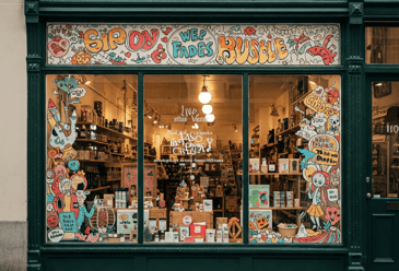 A shop window full of vinyl graphics