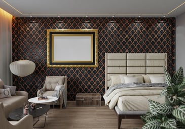 Luxury hotel bedroom featuring printed wallpaper for hotels to create a distinctive and stylish guest space.