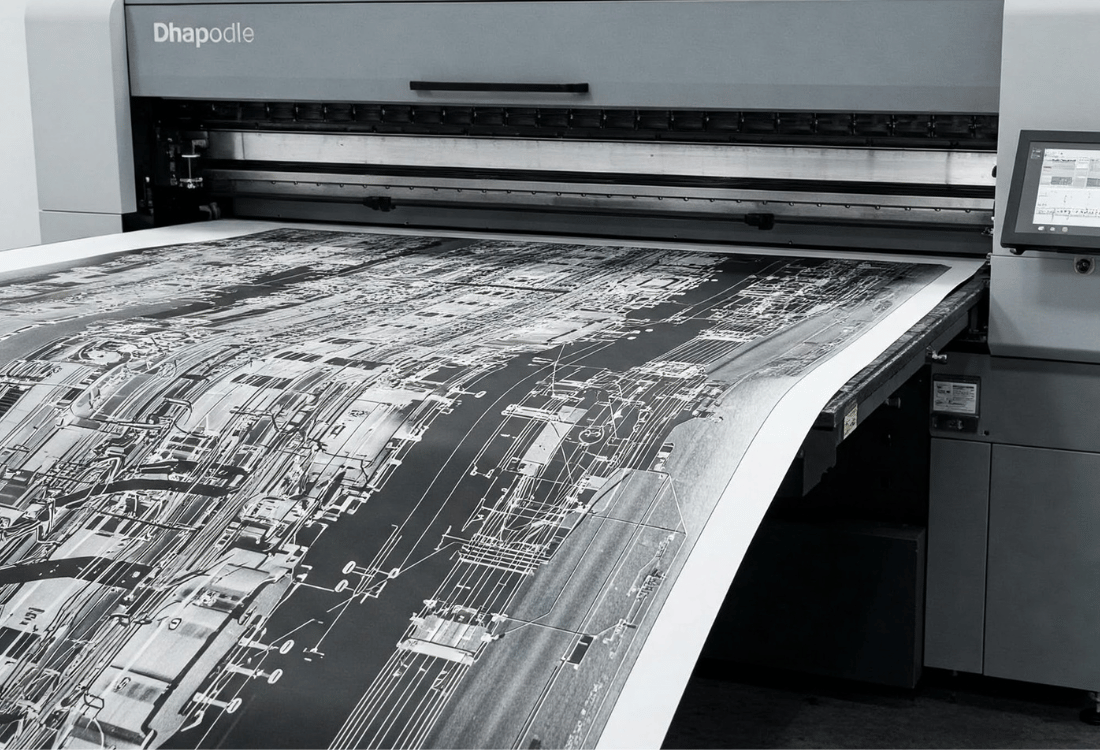 Large format white ink print coming out of printer
