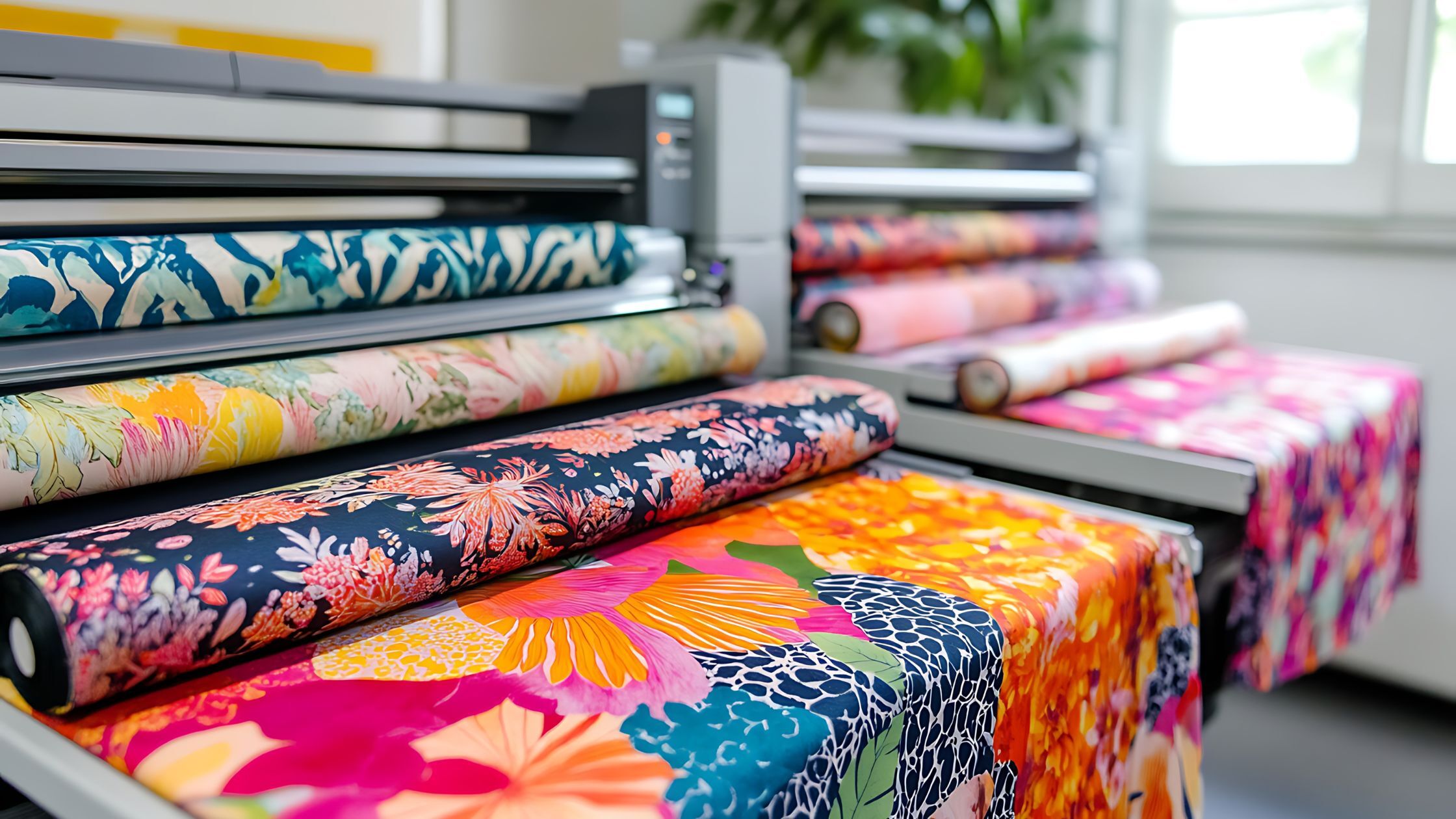 Large format printing in progress with vibrant patterned fabrics printed on industrial roll-fed printers.