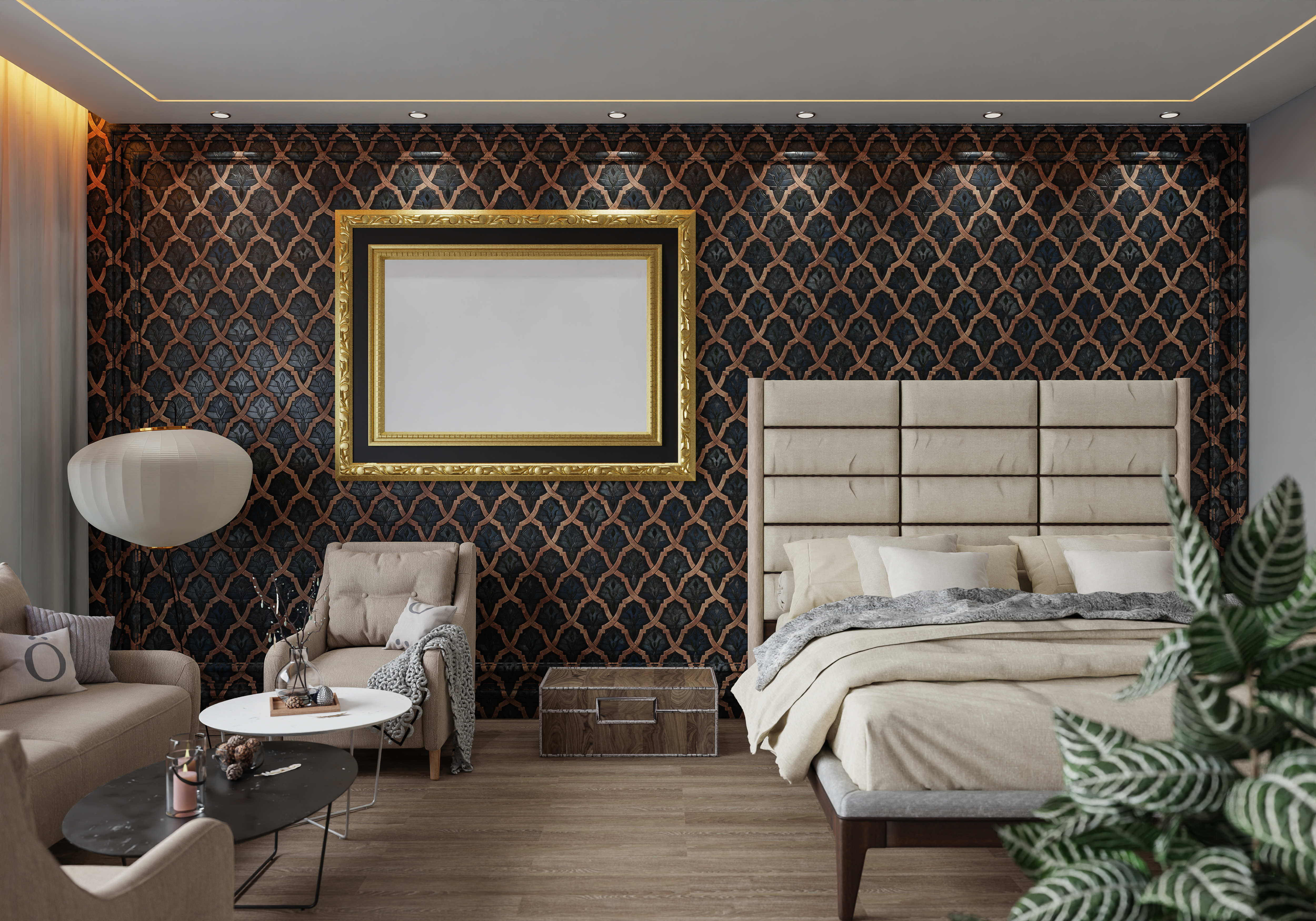 Luxury hotel bedroom featuring printed wallpaper for hotels to create a distinctive and stylish guest space.