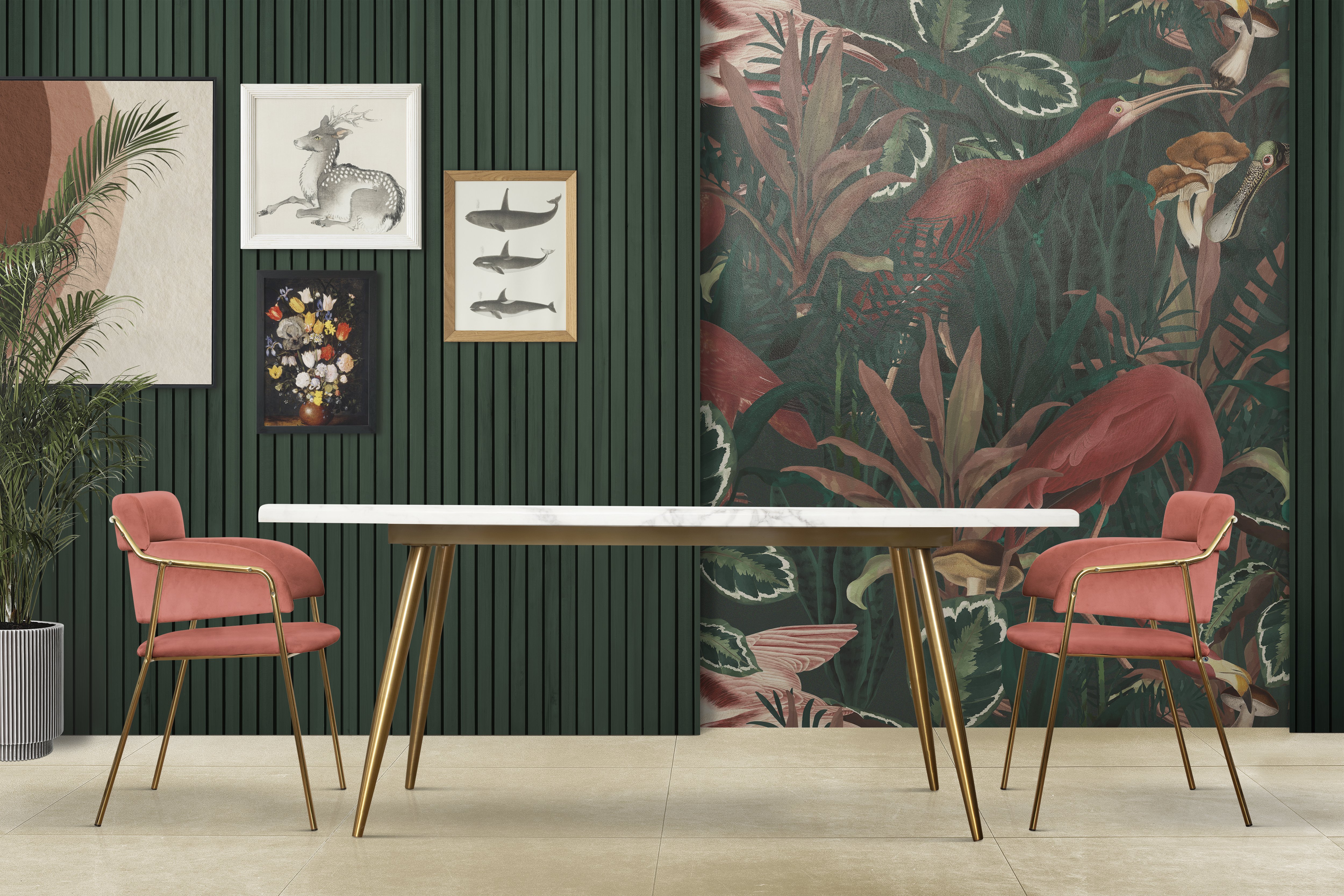 A modern dining room interior featuring a large tropical digital wall print with birds and foliage, green panelled walls, framed artwork gallery, a marble table and pink velvet chairs.